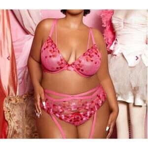 Love Vera 42C Embroidered Heart Strappy Underwire Mesh Bra Balconette Pink Red